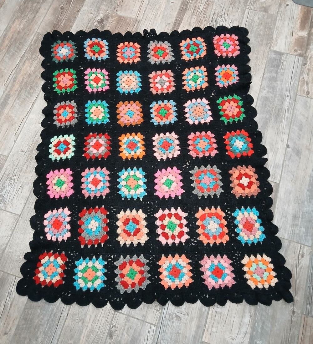 VTG Granny Square Crochet Afghan Throw 35x45 Black Multicolor Handmade Boho